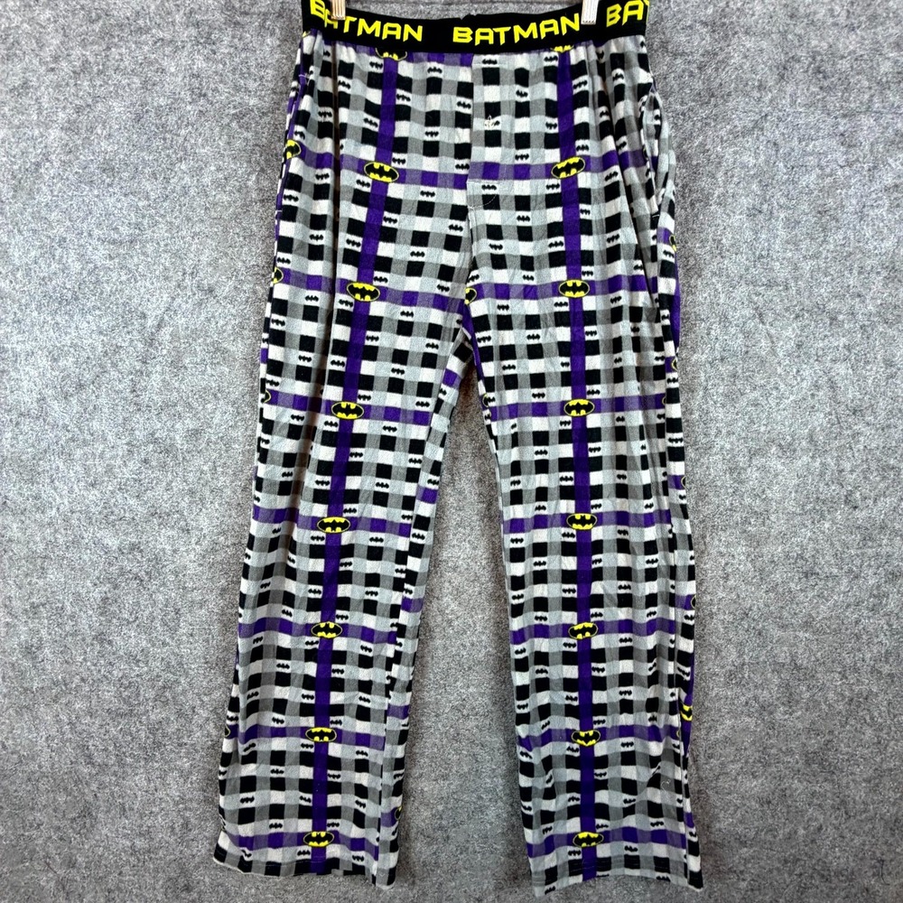 DC Comics Batman Pajama Pants Mens Large Gray Purple Plaid Fleece Logo Nightwear